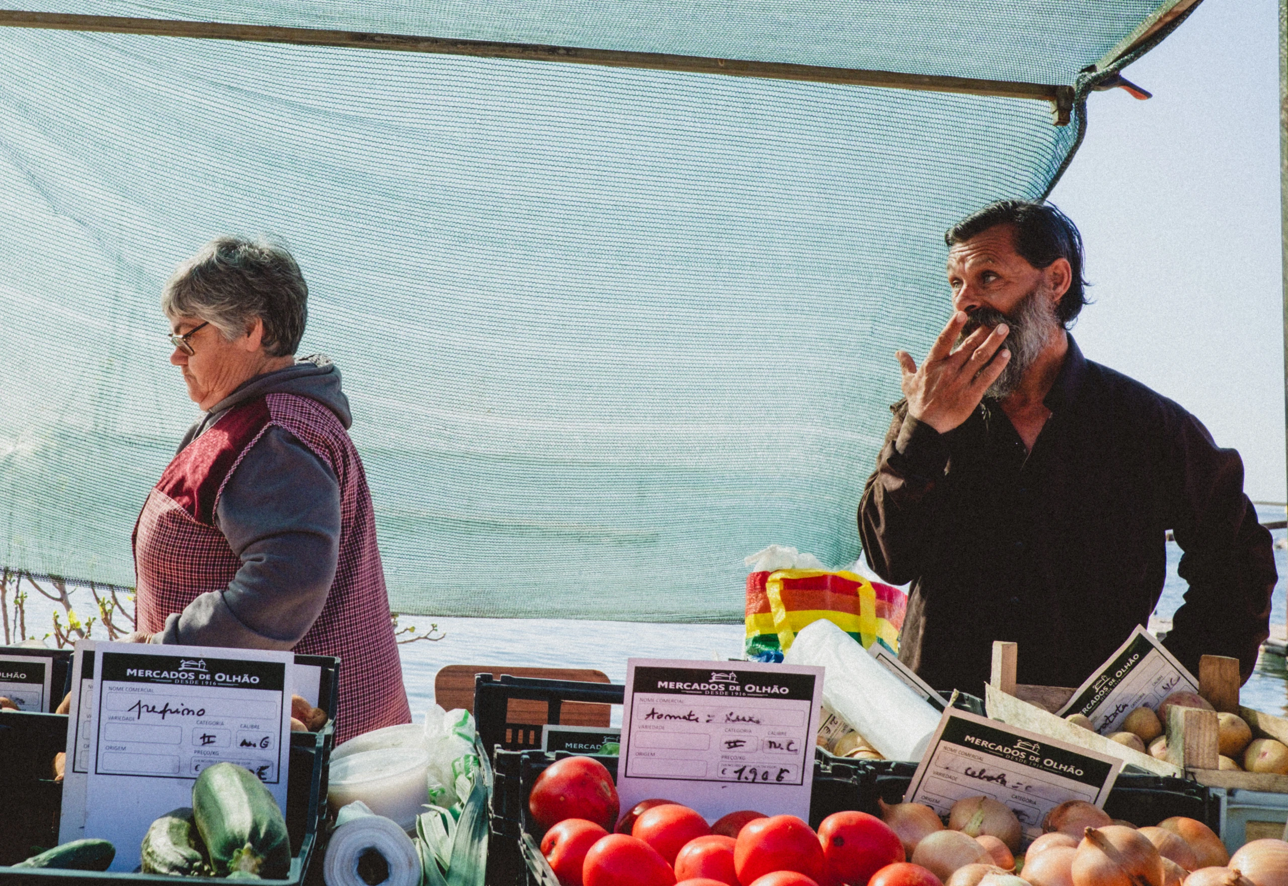 Two market vendors behind vegetables beneath a pale blue canopy